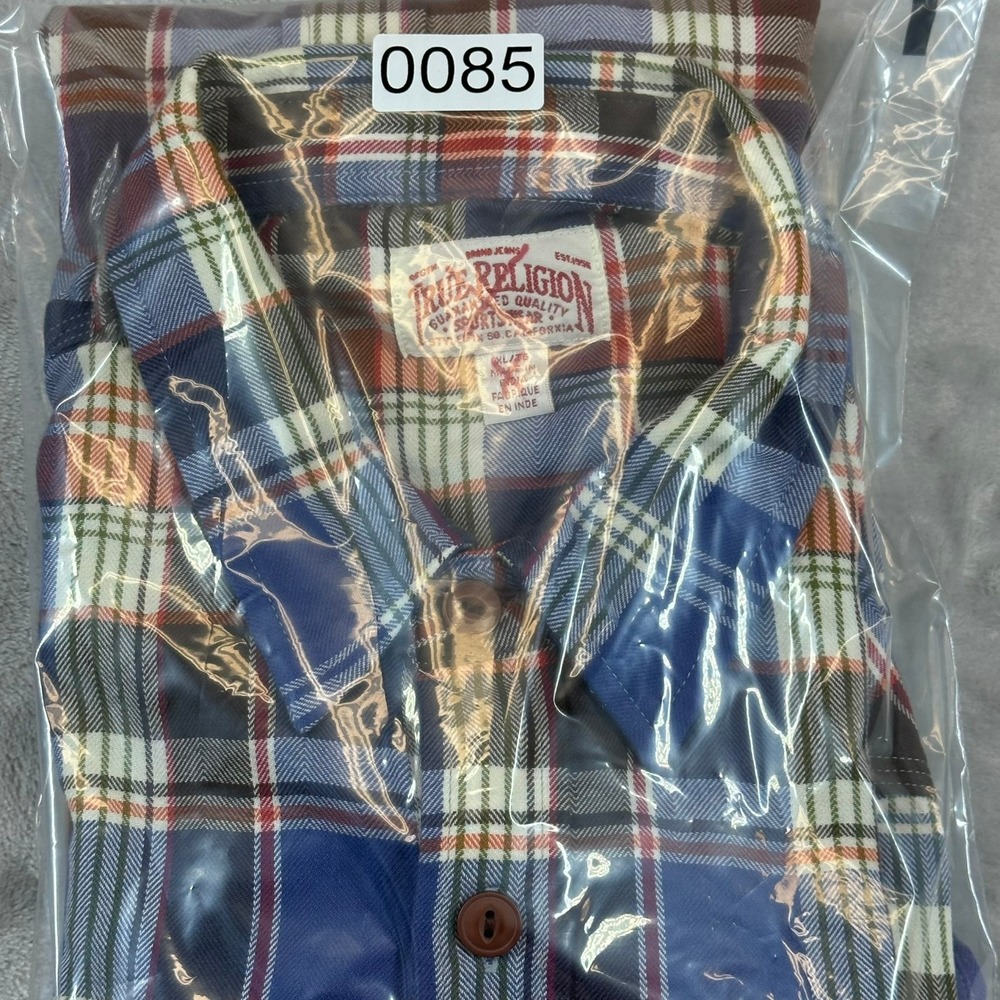 True Religion Service Co Flannel Shirt XL Blue Plaid Back Graphic Embroidered - Picture 11 of 11